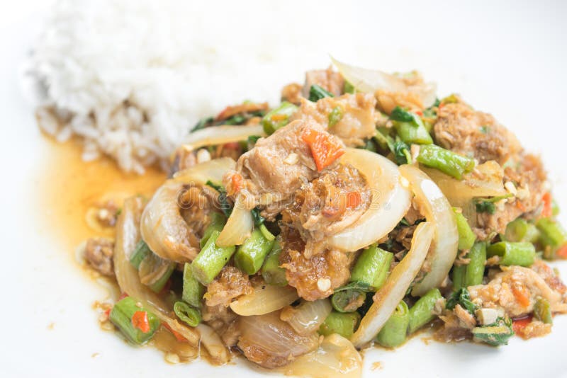 Basil Fried Rice with stir fried crispy Pork, Thai food stock image Basil Fried Rice with stir fried crispy Pork, Thai food stock image