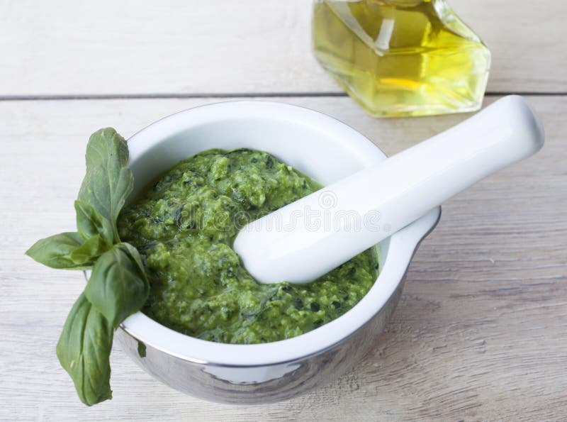 Basil pesto in ceramic bowl