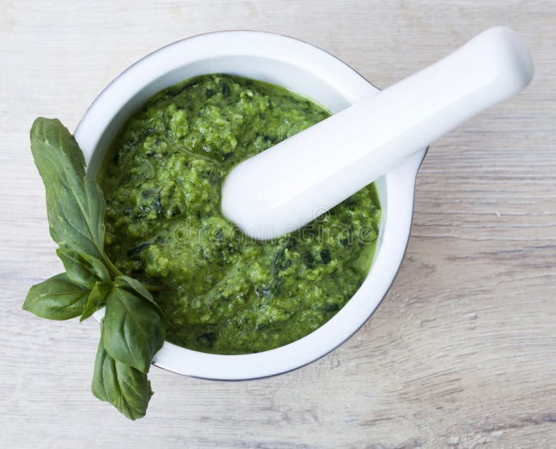 Basil pesto in ceramic bowl