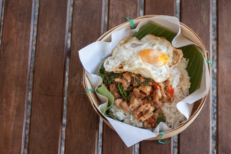 Basil Thai Chicken with Fried Eggs & Rice Stock Image Image of street, breakfast 223142191