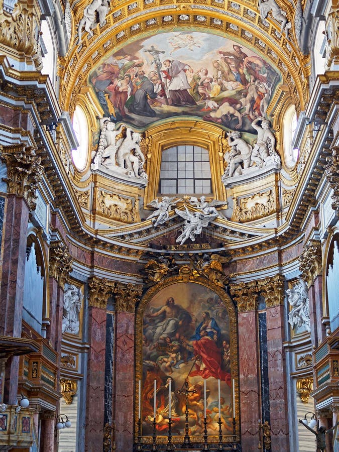 Basilica of Church of Saints Ambrose and Charles Borromeo, Rome, Italy. Interior of the Baroque Basilica Church of the Saints Ambrose and Charles Borromeo, Via royalty free stock photos Basilica of Church of Saints Ambrose and Charles Borromeo, Rome, Italy. Interior of the Baroque Basilica Church of the Saints Ambrose and Charles Borromeo, Via royalty free stock photos