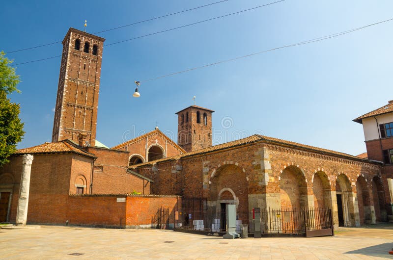 Basilica of Sant`Ambrogio church brick building, Milan, Italy