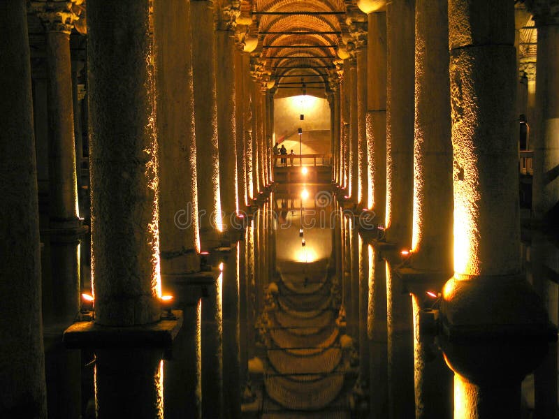 Basilica Cistern is the largest of several hundred ancient cisterns that still lie beneath the city of Istanbul. This cathedral-sized cistern is an underground chamber of 143 by 65 metres, capable of holding 80,000 cubic metres of water. The large space is broken up by a forest of 336 marble columns each 9 metres high. Basilica Cistern is the largest of several hundred ancient cisterns that still lie beneath the city of Istanbul. This cathedral-sized cistern is an underground chamber of 143 by 65 metres, capable of holding 80,000 cubic metres of water. The large space is broken up by a forest of 336 marble columns each 9 metres high.