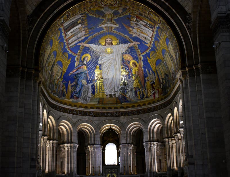 Paris, France, Basilica of the Sacred Heart Sacre Coeur. Interior. Basilique du Sacre Coeur, Montmartre. Paris, France. Interior with fresco painting, archs and royalty free stock photography Paris, France, Basilica of the Sacred Heart Sacre Coeur. Interior. Basilique du Sacre Coeur, Montmartre. Paris, France. Interior with fresco painting, archs and royalty free stock photography