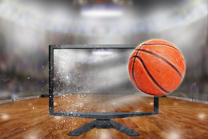 Basketball flying out of shattering TV screen in arena with copy space. Concept of realistic 3D or 4D TV, virtual reality VR or computer gaming. Basketball flying out of shattering TV screen in arena with copy space. Concept of realistic 3D or 4D TV, virtual reality VR or computer gaming.