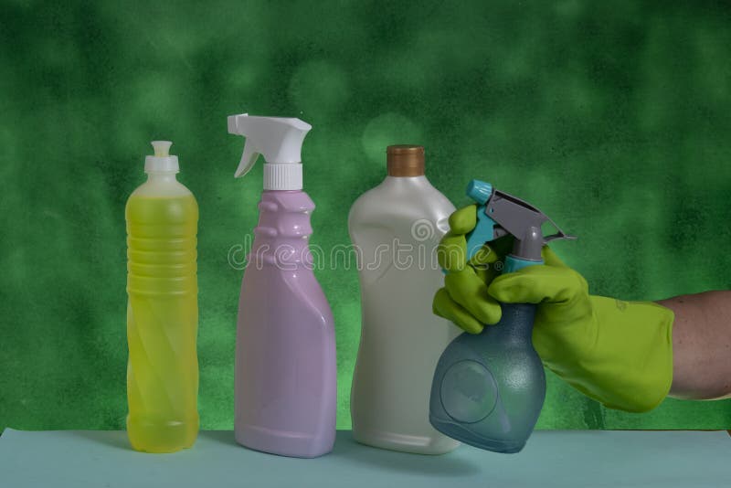 Basket with Cleaning Products for Home Hygiene Use Stock Photo Image