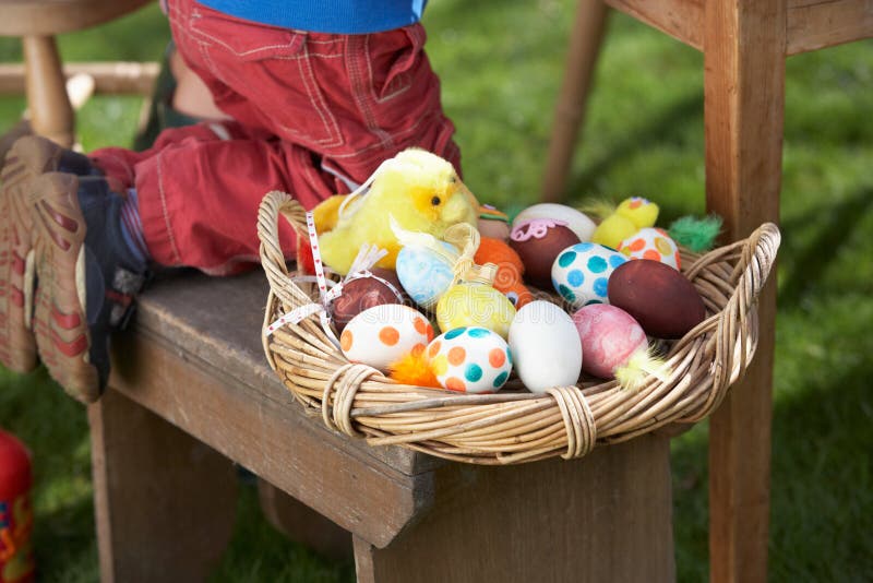 Basket Of Decorated Easter Eggs In basket stock photos
