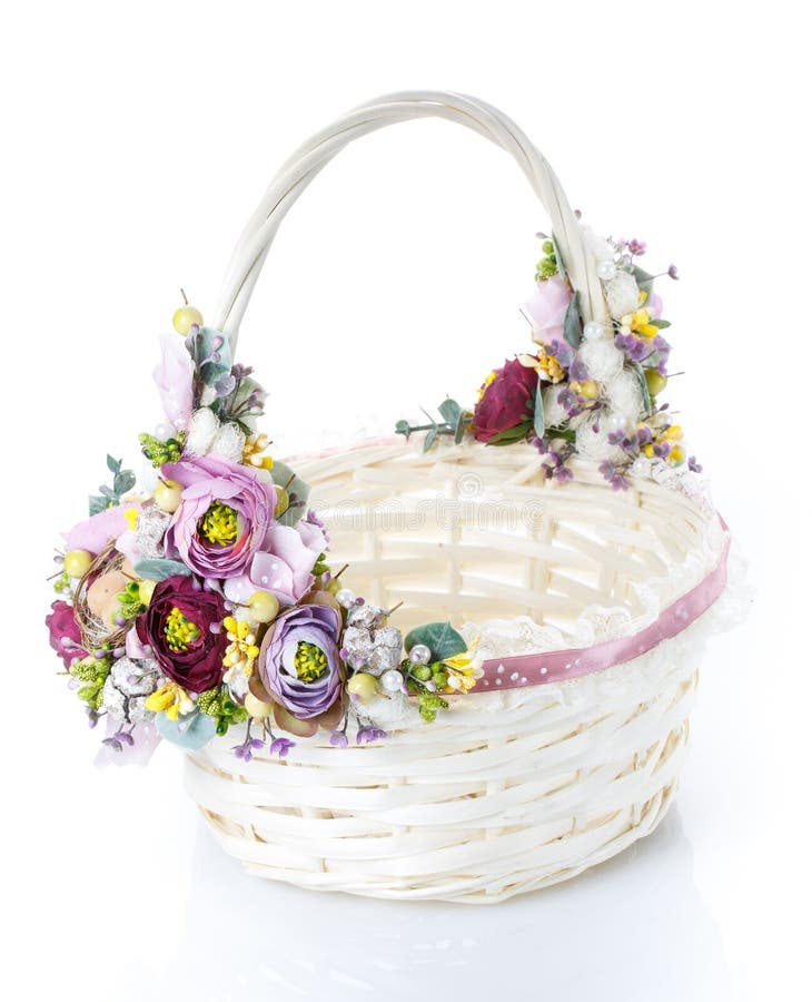 Basket Decorated with Flowers on White Background Stock Photo - Image ...