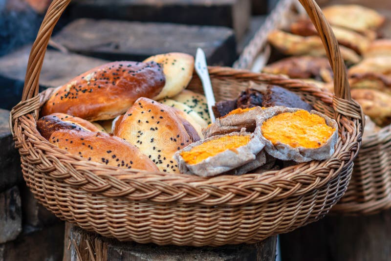 Basket with Different Bread in the Street Food Market. Selective Focus