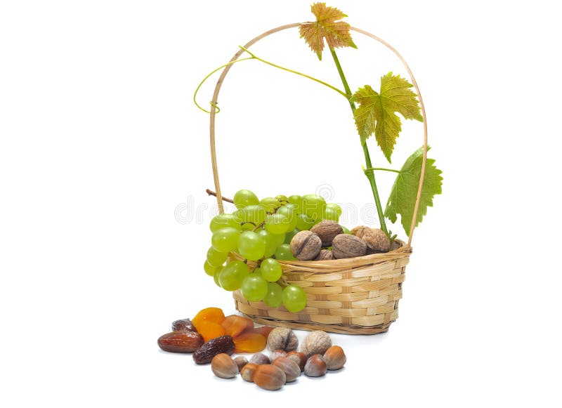 Basket of dried fruits and grapes