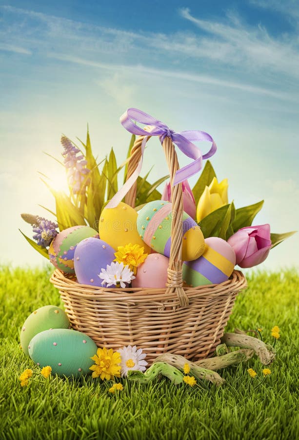 Basket with easter eggs stock image Basket with easter eggs stock image