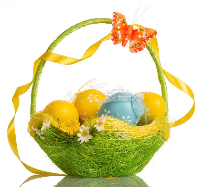 Basket with Easter Eggs, Butterfly and Ribbon on Handle, Isolate Stock