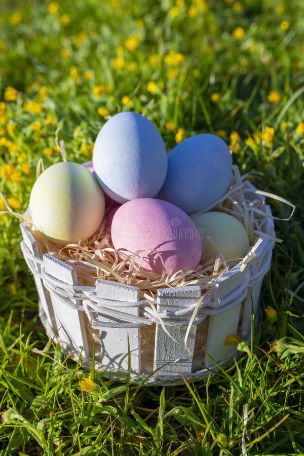 Basket with Easter Eggs on Green Grass Stock Photo Image of greeting