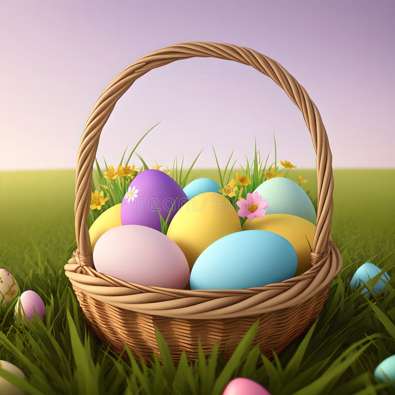 Basket of Easter Eggs on Green Grass at Sunny Day, AI Generated Stock