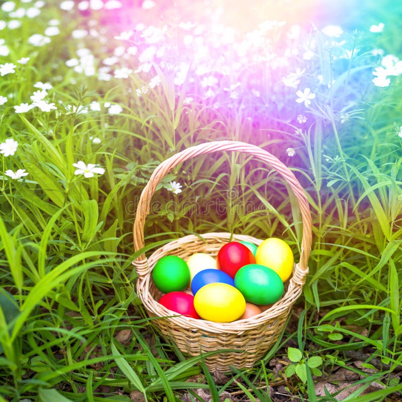 Basket of Easter Eggs on Meadow, Closeup Stock Image Image of colored