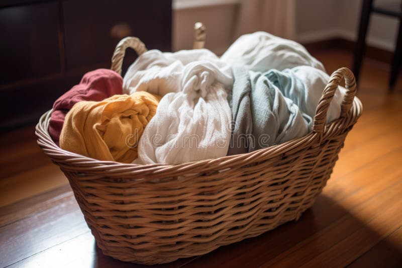 Laundry Basket Overflowing with Freshly Laundered Linens Stock