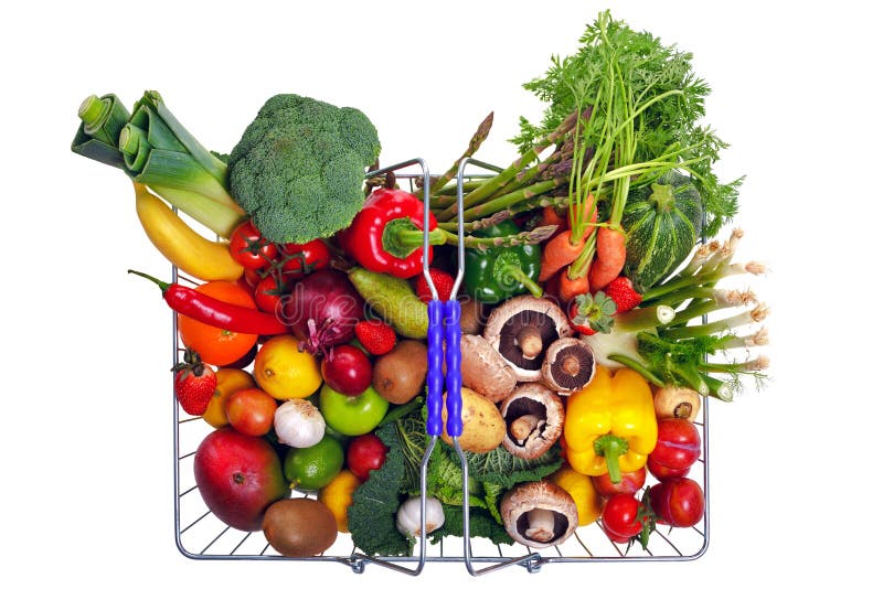 Basket fruit and vegetables isolated on white stock photography Basket fruit and vegetables isolated on white stock photography