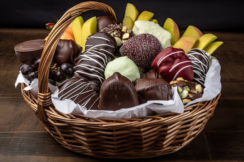 Basket of Fruits and Nuts Dipped in Rich Chocolate with White Coating