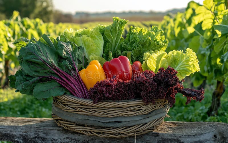 A woven basket on a wooden surface holds an assortment of fresh vegetables. Featured are vibrant green leafy greens, including kale and lettuce, alongside colorful bell peppers in yellow and red. The vegetables display a fresh, crisp texture. The background features a lush green field, suggesting a farm or garden setting. The natural light enhances the vividness of the vegetables, emphasizing their freshness and organic appeal. Cleanplate illustrations