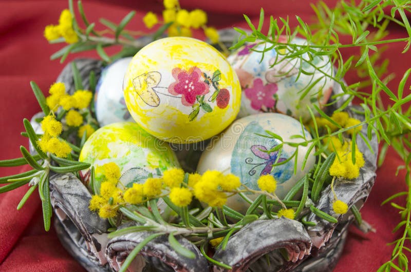 Basket Full of Handcolored Easter Eggs in Decoupage Stock Image Image of card, tradition 52222571