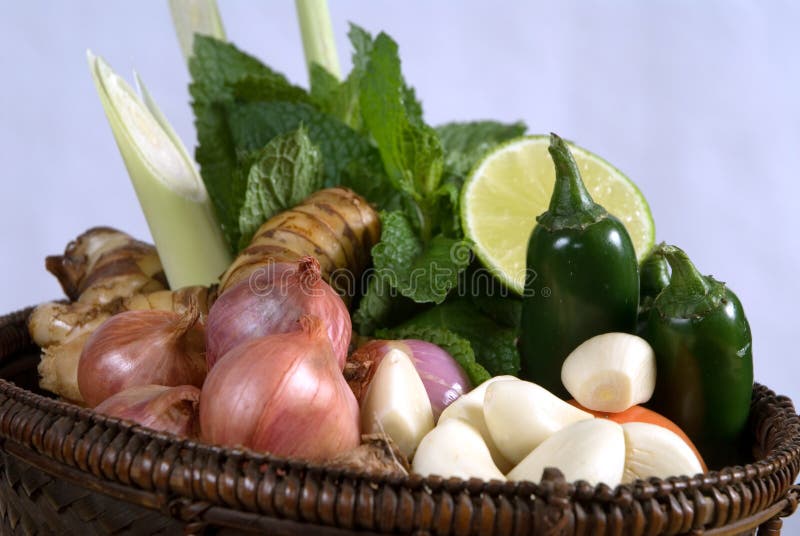 Basket of herbs and vegetables