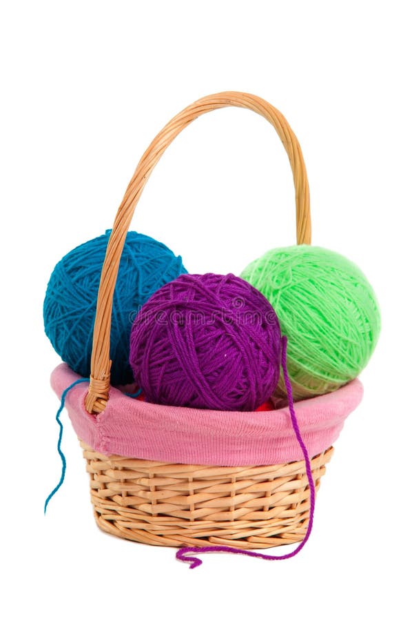 Knitting Yarn Balls And Needles In Basket On A White Background