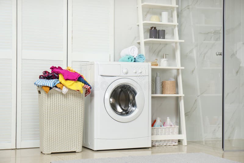 Basket with Laundry and Washing Machine Stock Photo Image of interior