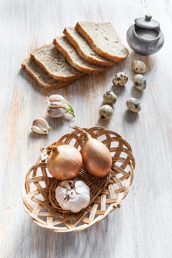 Basket with Onion and Garlic on a Board Stock Image Image of basket