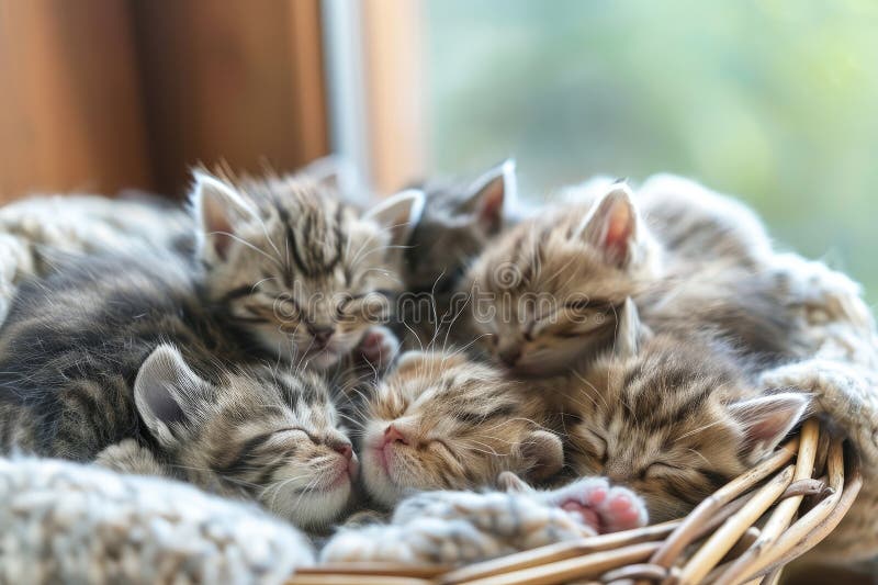 Un coș plin cu pisoi pufoși nou-născuți, încolțiți împreună, repede un somn. stock photo