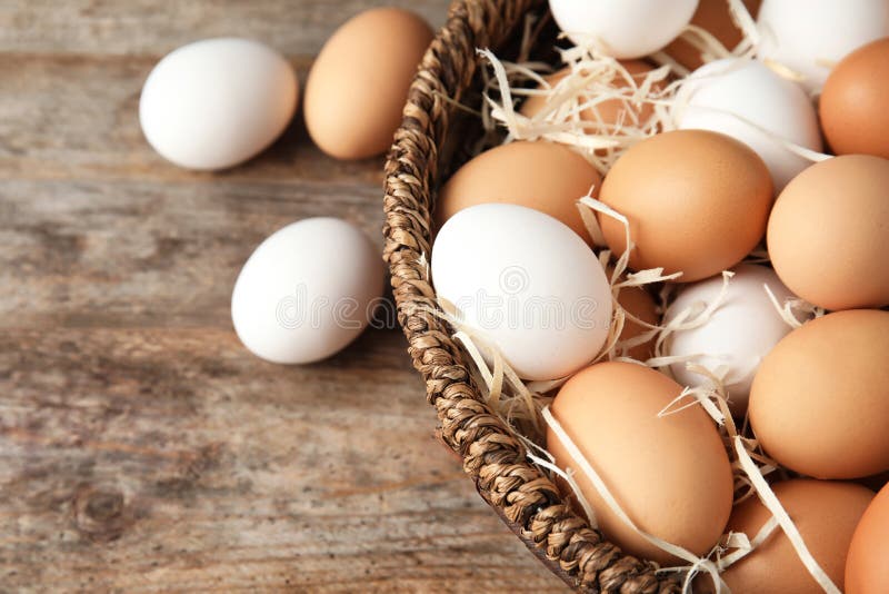 Basket with raw chicken eggs