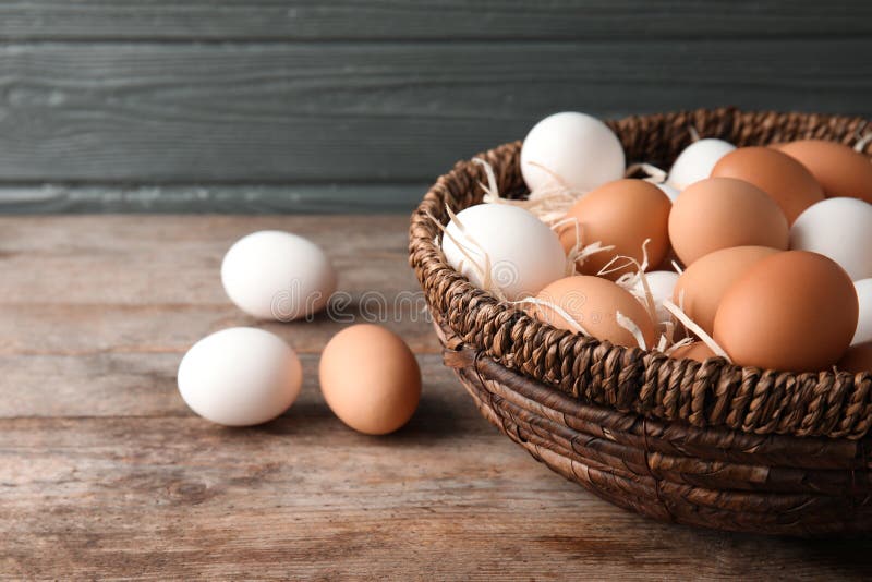 Basket with raw chicken eggs