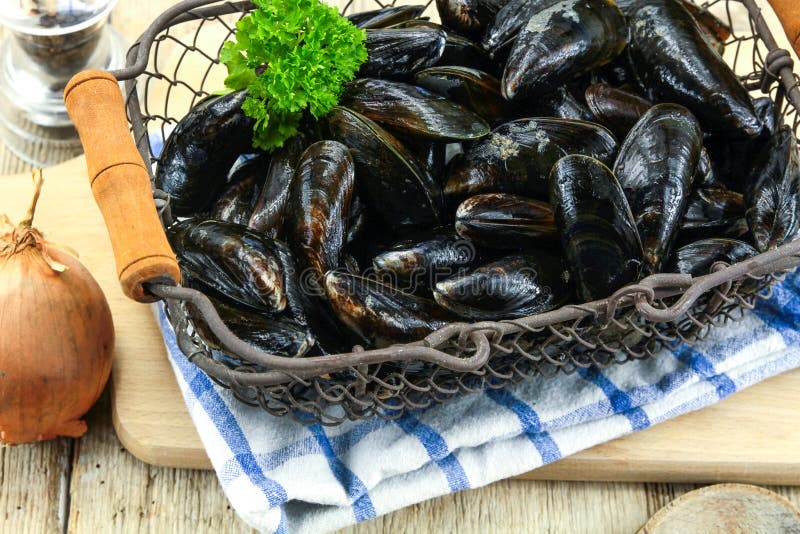 Basket of raw mussels stock image. Image of food, white 165436803