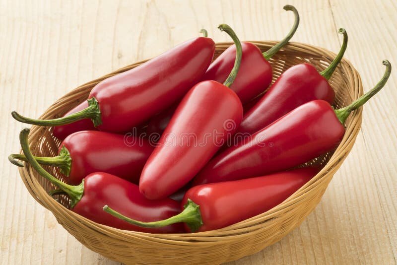 Basket with red Jalapeno peppers. Basket with fresh red Jalapeno peppers