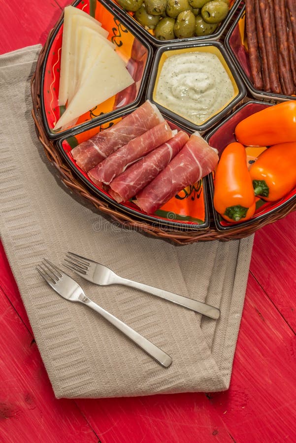 Basket with Several Spanish Tapas on Red Table Stock Photo Image of