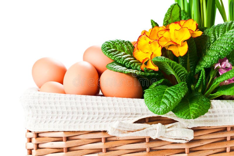 Basket with spring flowers and eggs