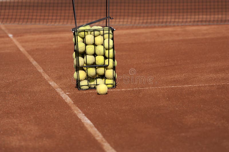 Basket with tennis balls stock image. Image of court 16322805