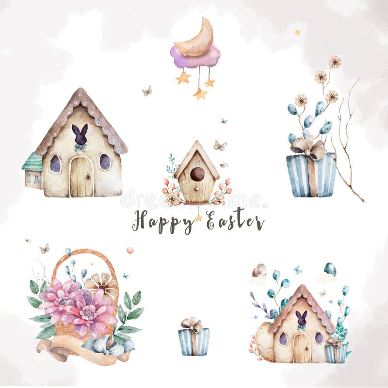 Basket vintage Wooden house Bunny Cute hand drawn watercolor illustration for greeting card on isolated white background