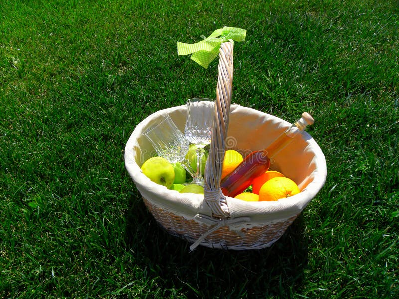 Basket with wine and fruit