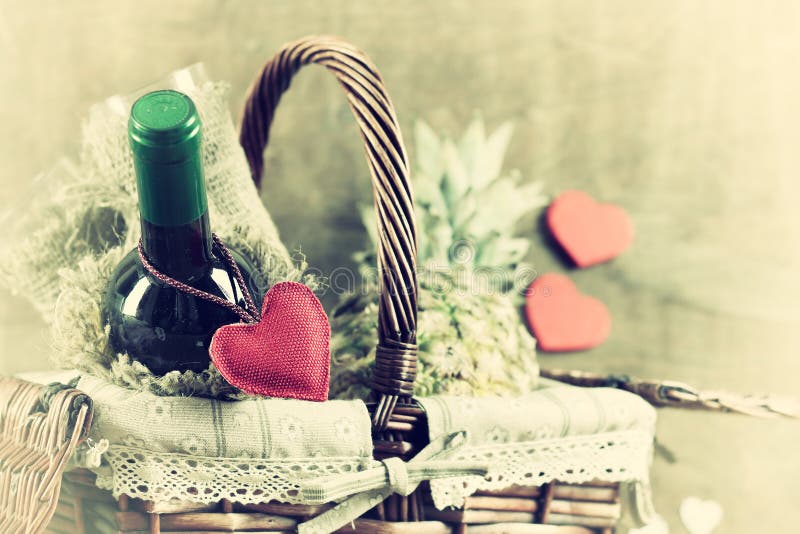 Basket with Wine Valentine`s Day Stock Image Image of picnic, basket