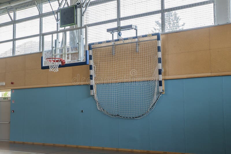 Basketball Backboard and Handball Gate Hanging on the Wall Stock Photo