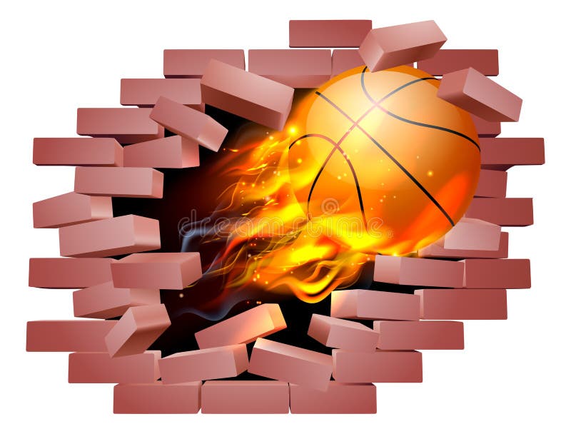 Basketball Ball Flame Fire Breaking Brick Wall Stock Vector