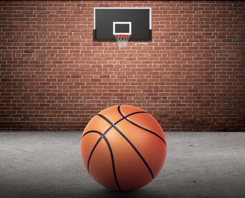 Basketball Ball and Basketball Hoop on Brick Wall and Cement Floor