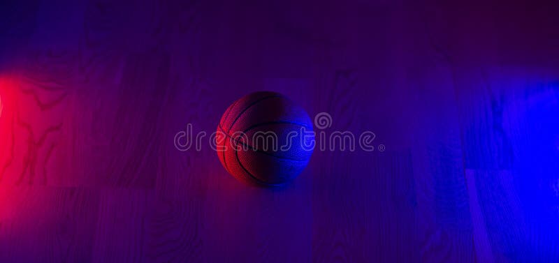 Basketball ball isolated on dark background. Blue neon banner. Horizontal sport theme poster, greeting cards, headers, website and