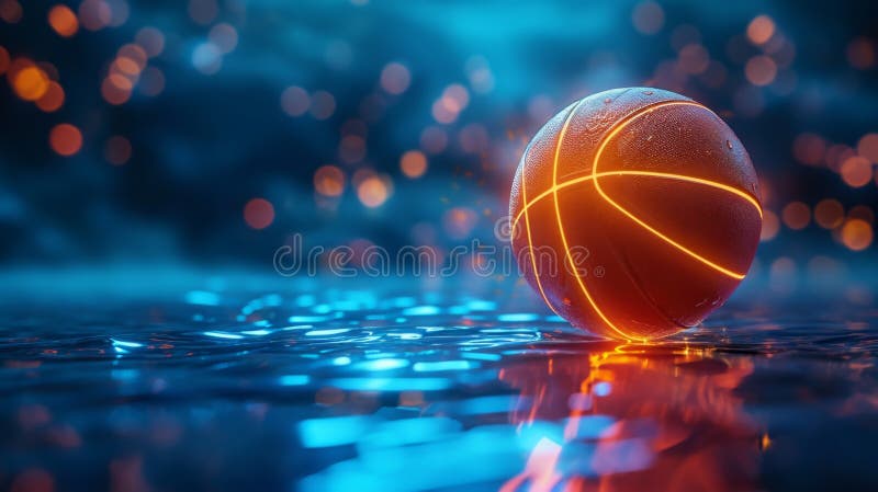 Basketball Ball Lying on Court, Stadium with Water Effect, Blurred Dark ...