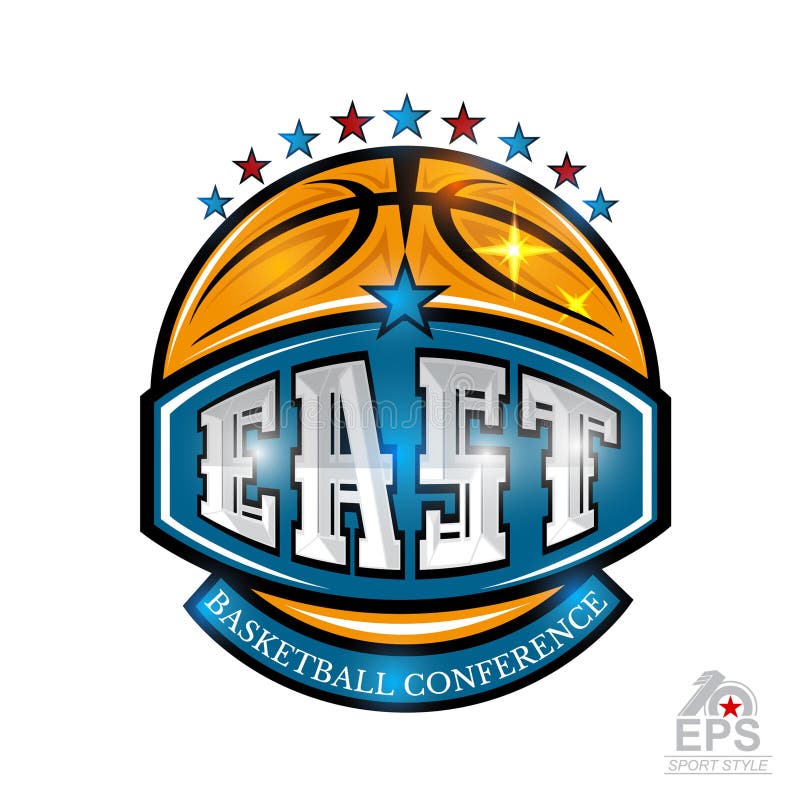 Basketball ball with text east conference on blue banner. Vector sport logo isolated on white