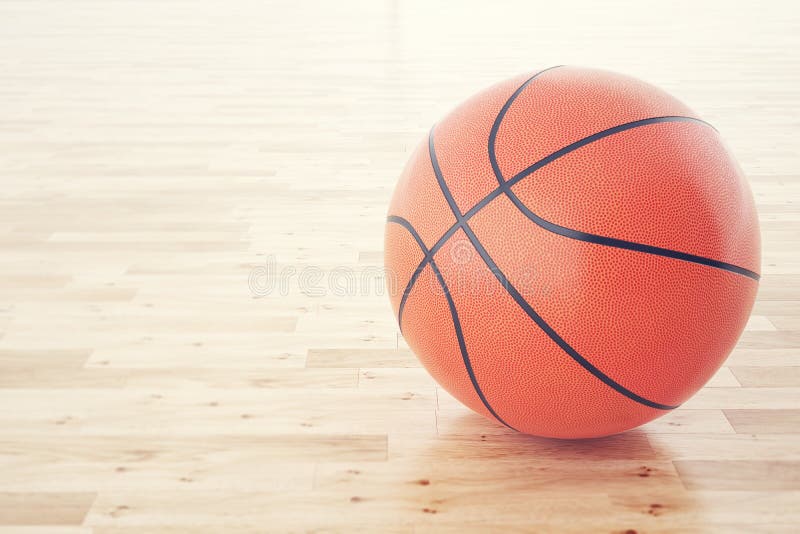 Basketball ball on the wooden floor, with depth of field effect. 3d rendering