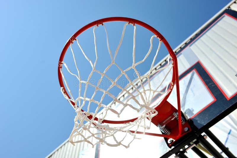 Lateral view of the basketball basket against the blue sky. Lateral view of the basketball basket against the blue sky