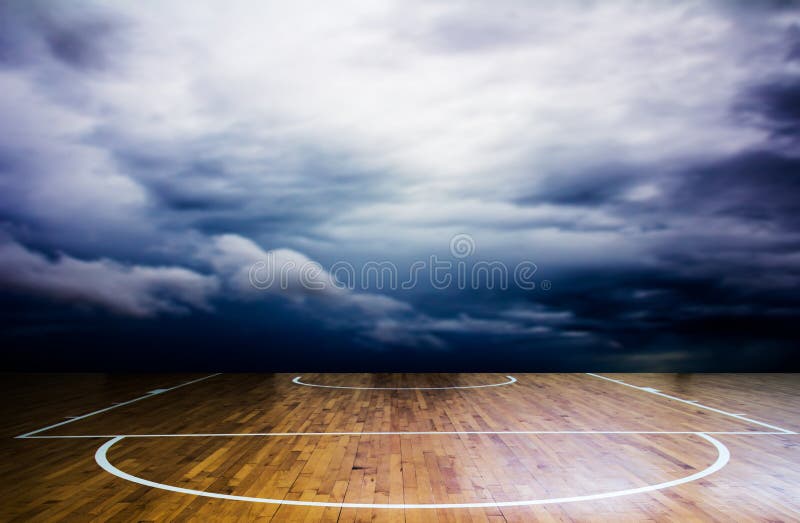 Basketball court with storm