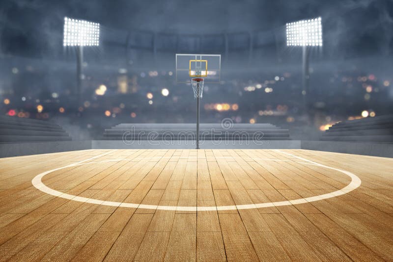 Basketball court with wooden floor, lights reflectors, and tribune