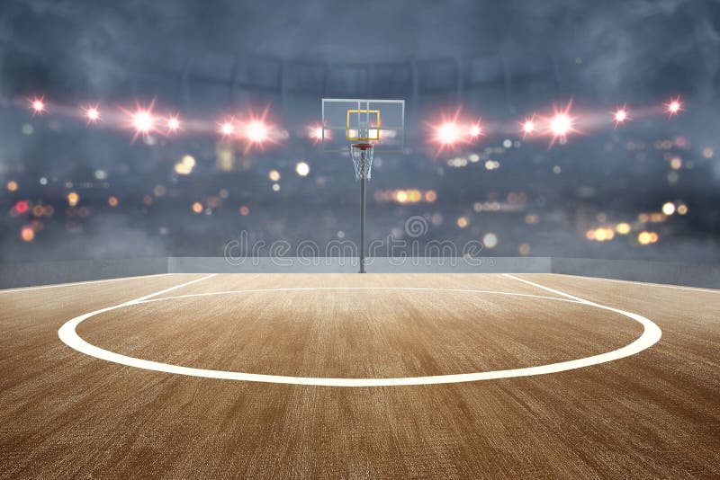 Basketball court with wooden floor and spotlights